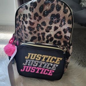 Justice girls cheetah backpack set with lunch bag, gadget pouch and keychain NWT